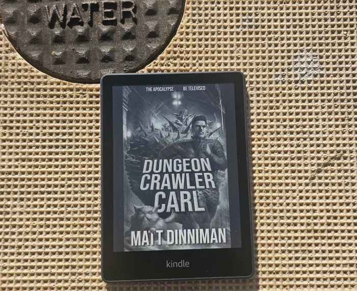 The Kindle cover of Dungeon Crawler Carl, depicting a burly man in boxers and a Persian cat running from a fiery explosion, lies on the ground next to a city water department manhole cover.